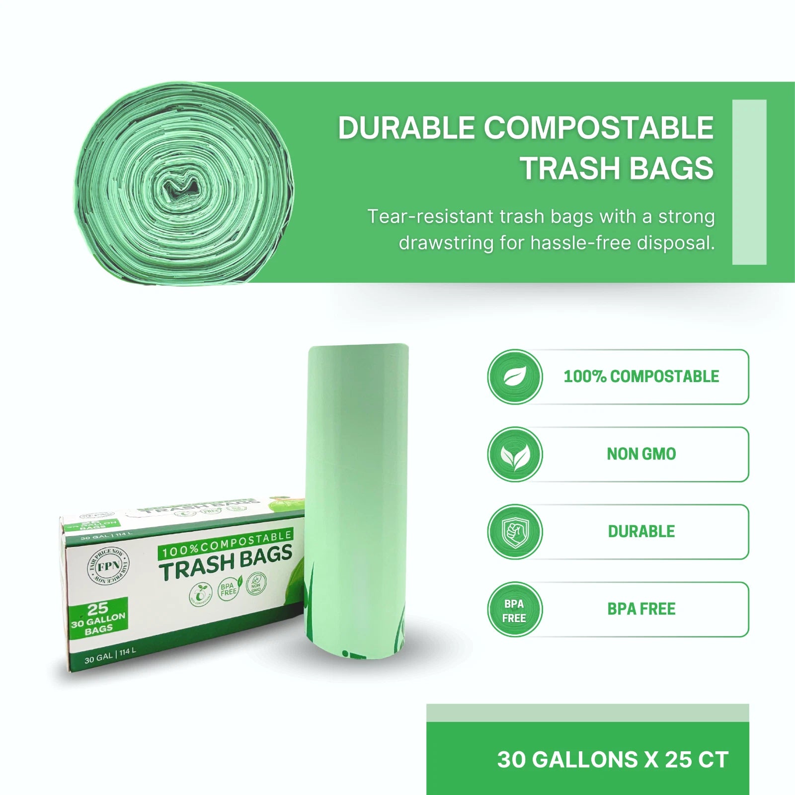 Compostable Trash Bags 30 Gallon 100% Biodegredable Garbage Bag - 25 CT