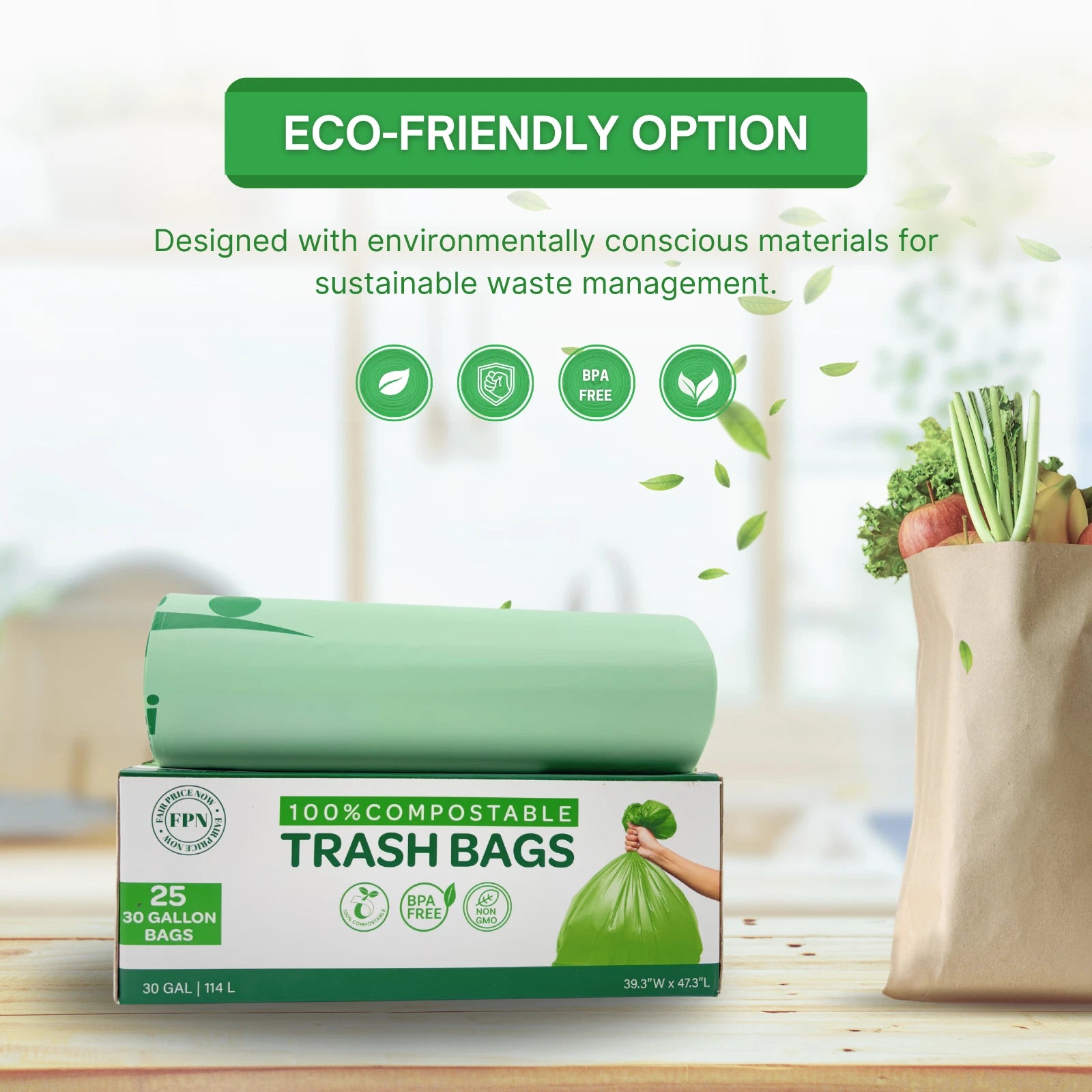 Compostable Trash Bags 30 Gallon 100% Biodegredable Garbage Bag - 25 CT