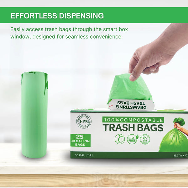 Compostable Trash Bags 30 Gallon 100% Biodegredable Garbage Bag - 25 CT