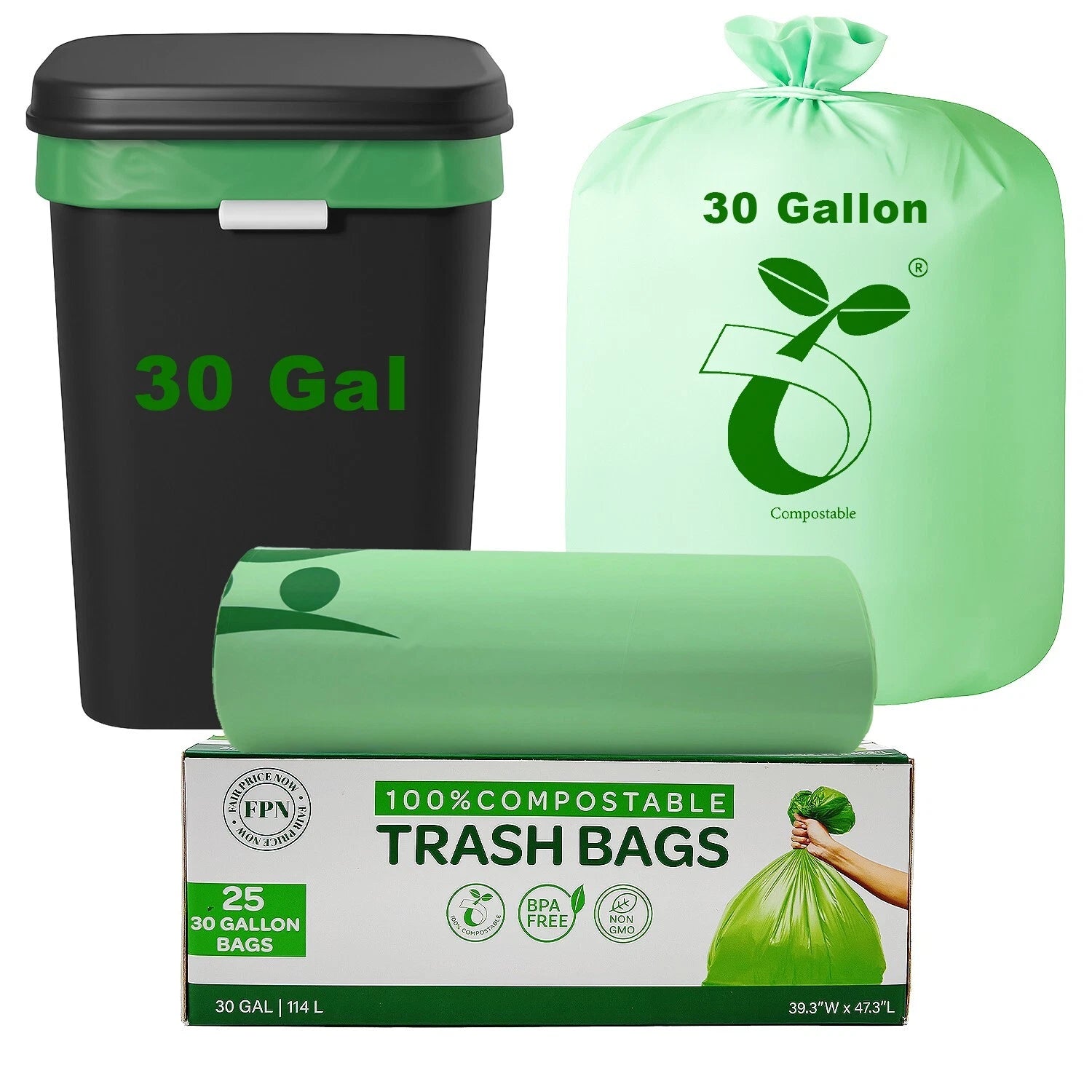 Compostable Trash Bags 30 Gallon 100% Biodegredable Garbage Bag - 25 CT