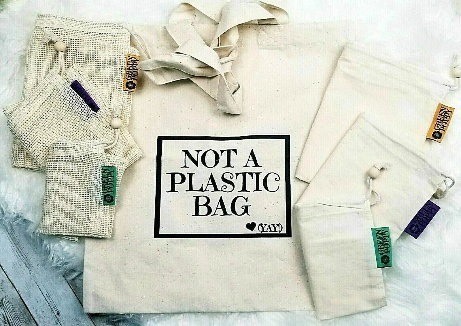 Organic Cotton Reusable Grocery & Produce Bags Set Mesh Canvas Wood Drawstring