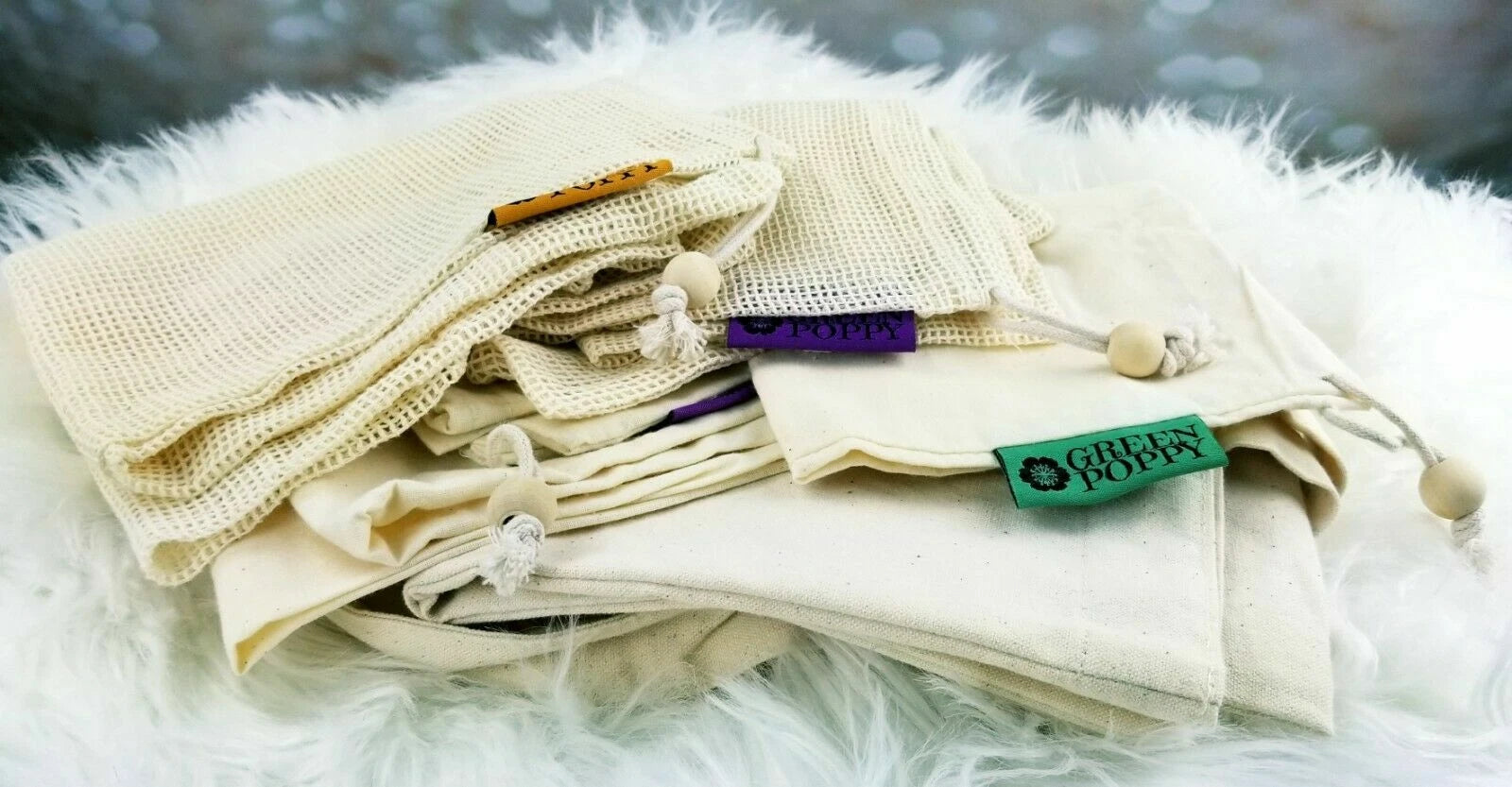 Organic Cotton Reusable Grocery & Produce Bags Set Mesh Canvas Wood Drawstring