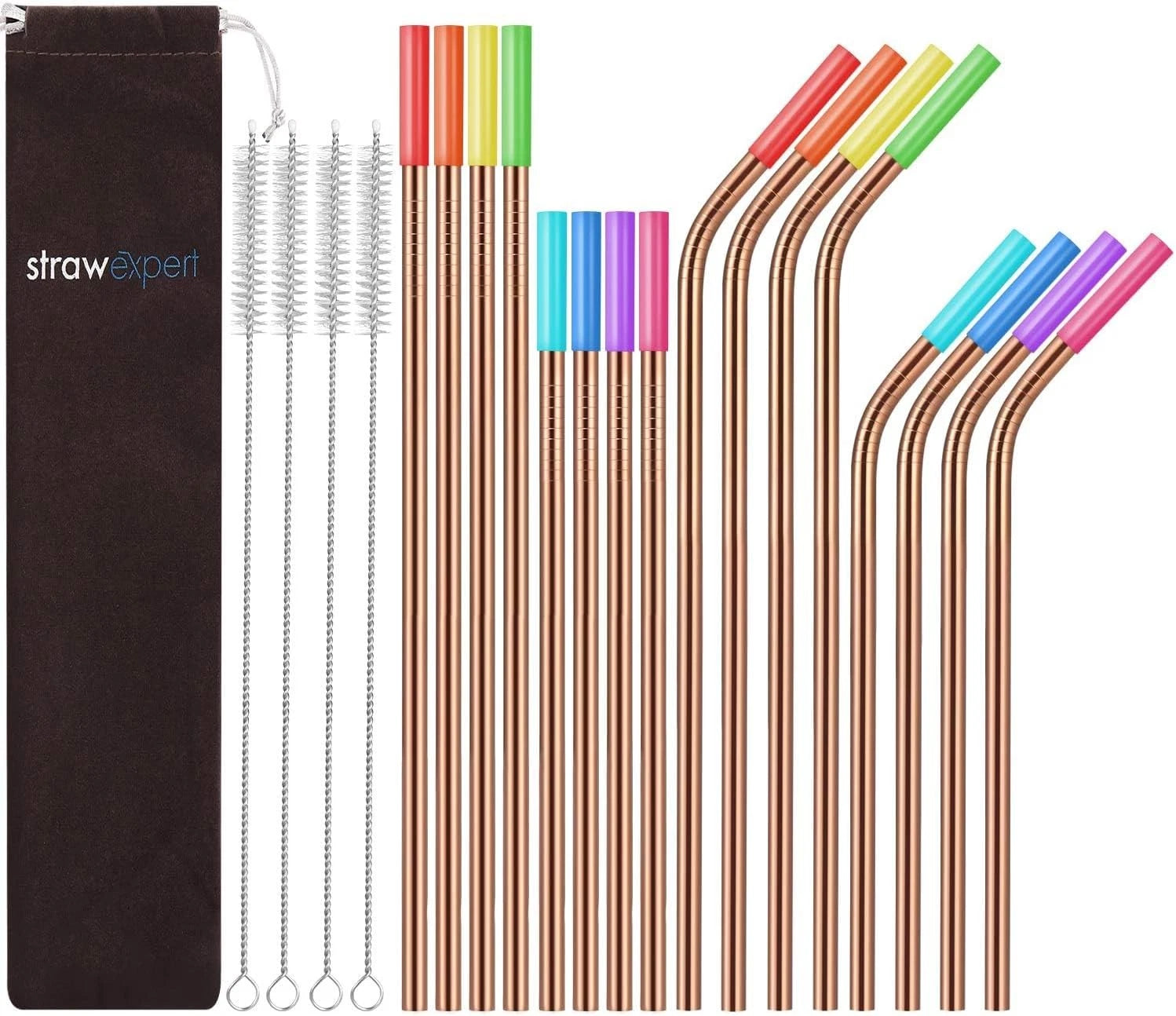 Set of 16 Reusable Stainless Steel Straws with Travel Case Cleaning Brush