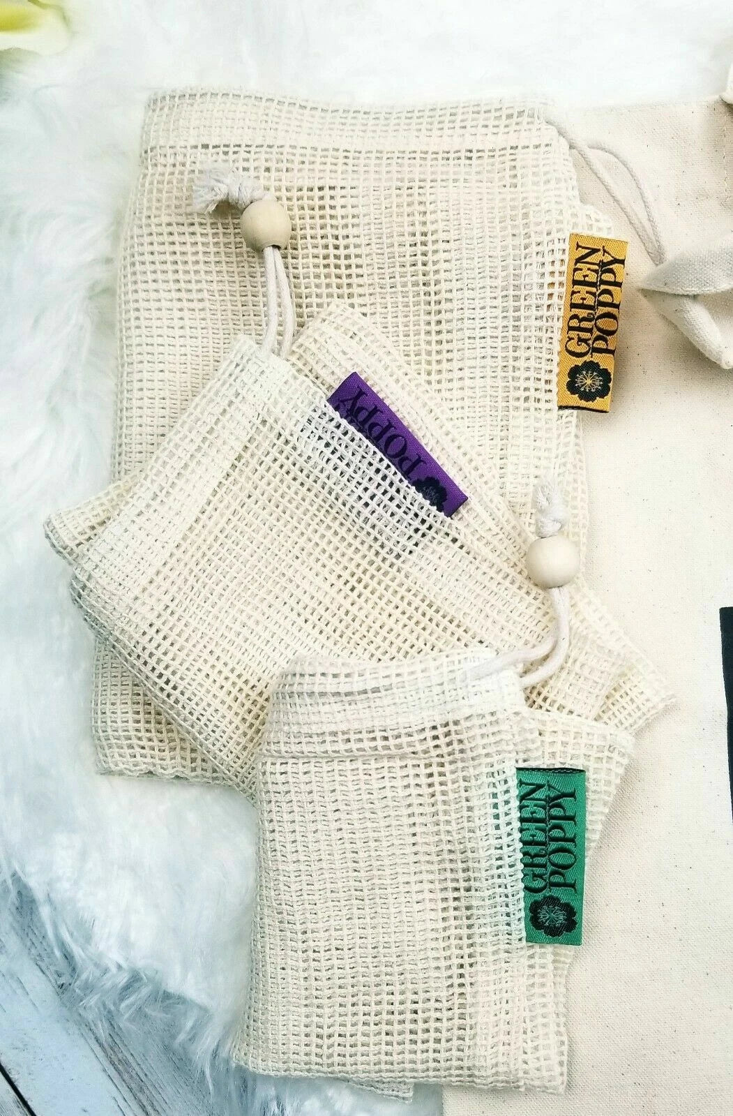 Organic Cotton Reusable Grocery & Produce Bags Set Mesh Canvas Wood Drawstring