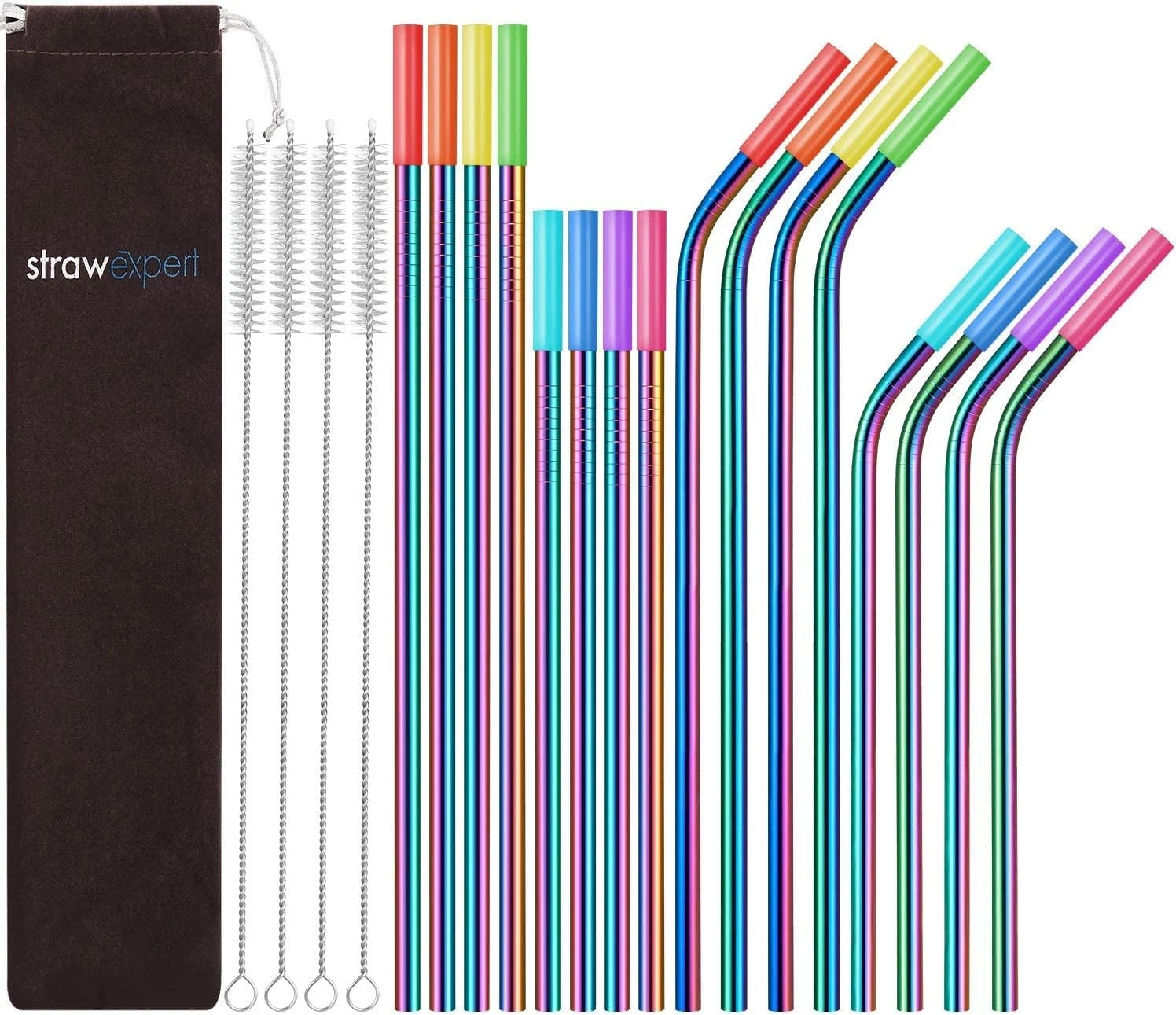 Set of 16 Reusable Stainless Steel Straws with Travel Case Cleaning Brush