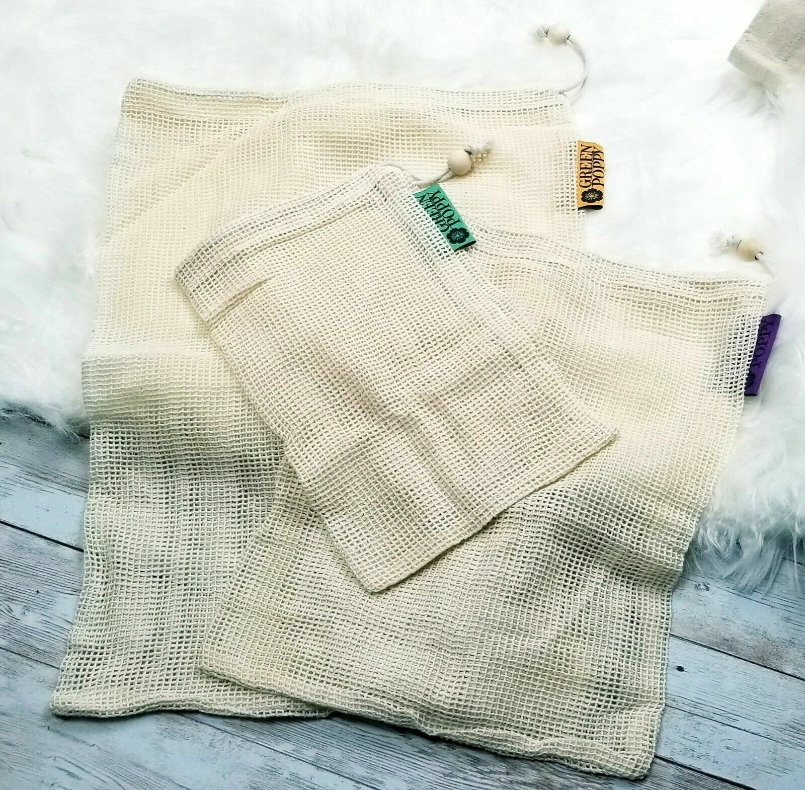 Organic Cotton Reusable Grocery & Produce Bags Set Mesh Canvas Wood Drawstring