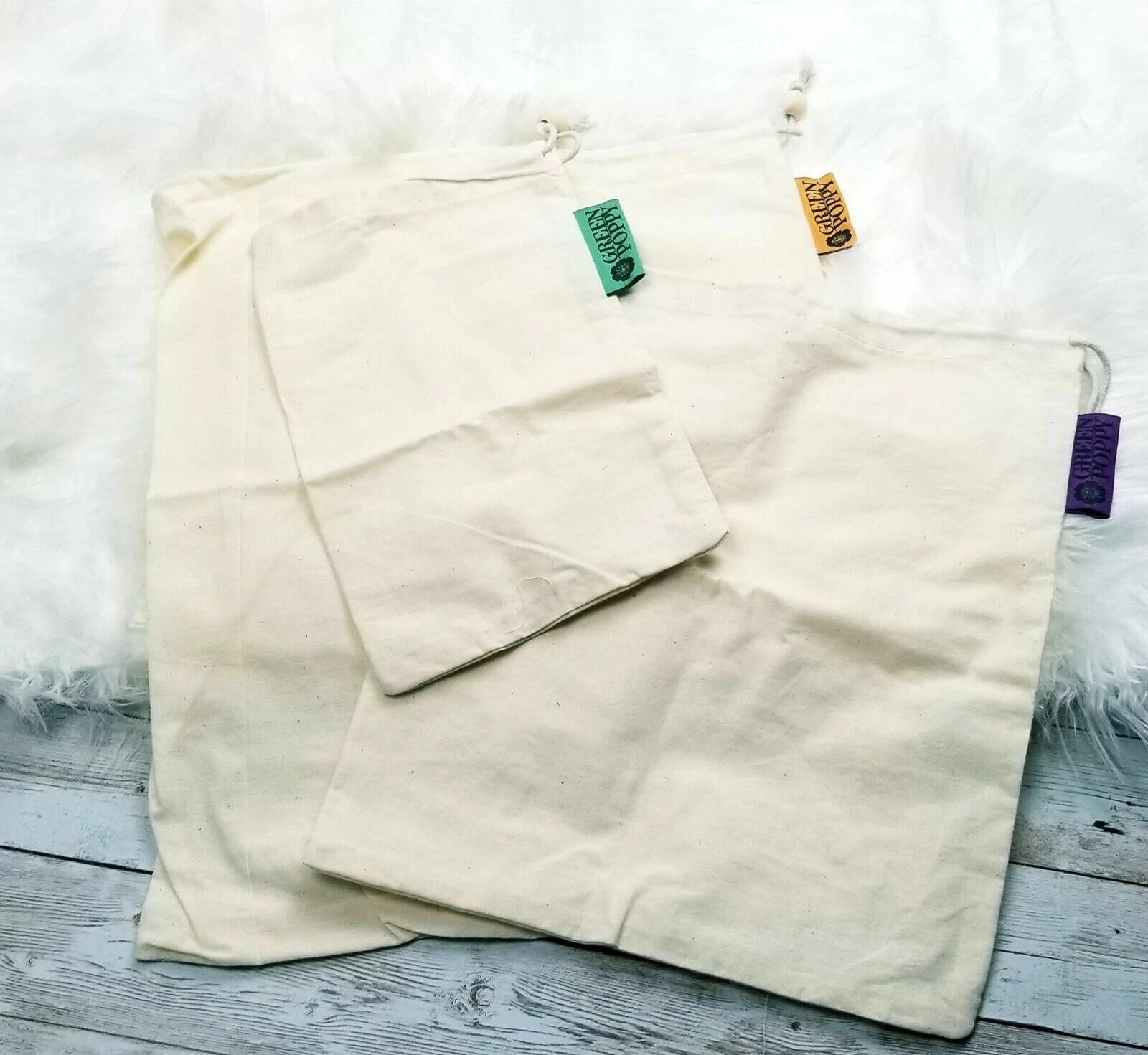 Organic Cotton Reusable Grocery & Produce Bags Set Mesh Canvas Wood Drawstring