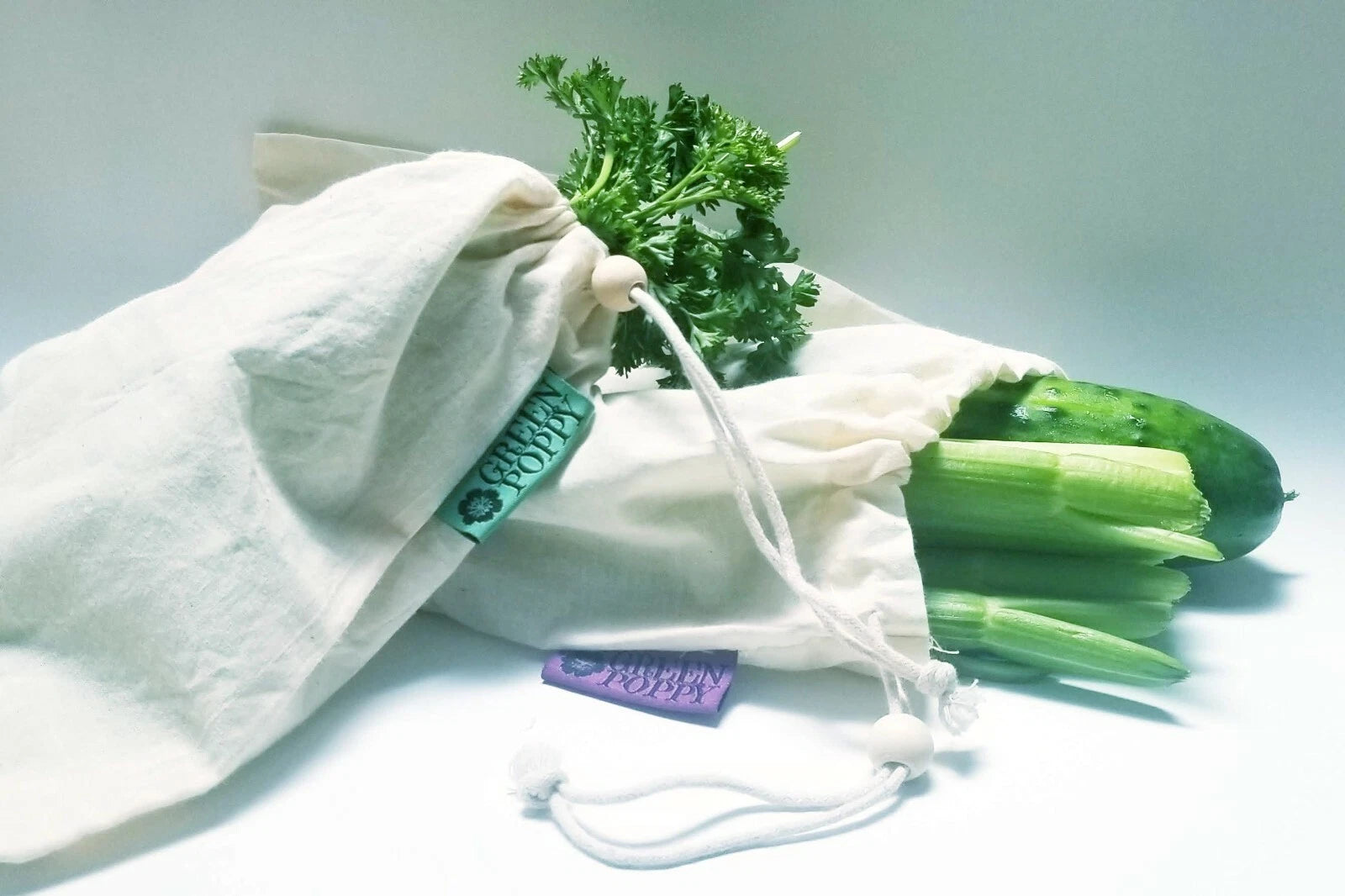 Organic Cotton Reusable Grocery & Produce Bags Set Mesh Canvas Wood Drawstring
