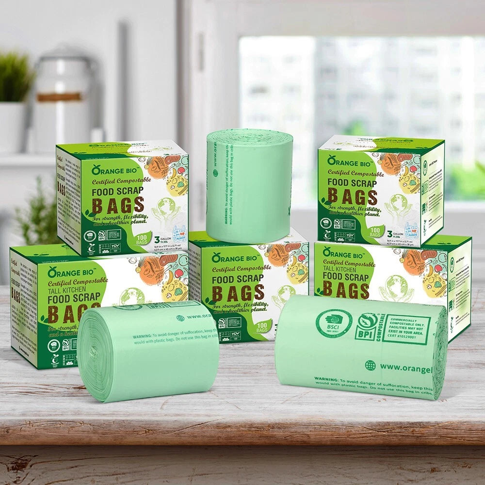 OrangeBio 100% Compostable Trash Bags, 3 Gallon, 100 Count, Extra Thick 0.71 Mil