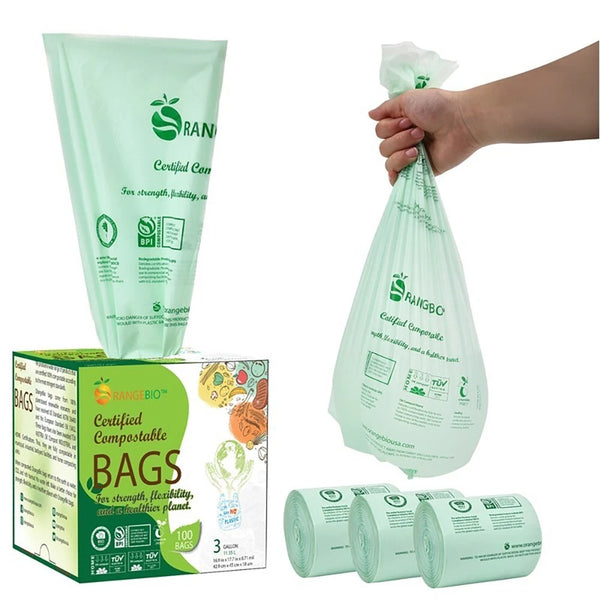 OrangeBio 100% Compostable Trash Bags, 3 Gallon, 100 Count, Extra Thick 0.71 Mil