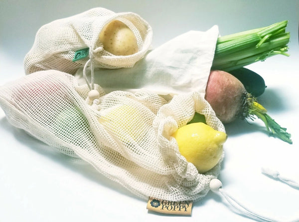 Organic Cotton Reusable Grocery & Produce Bags Set Mesh Canvas Wood Drawstring